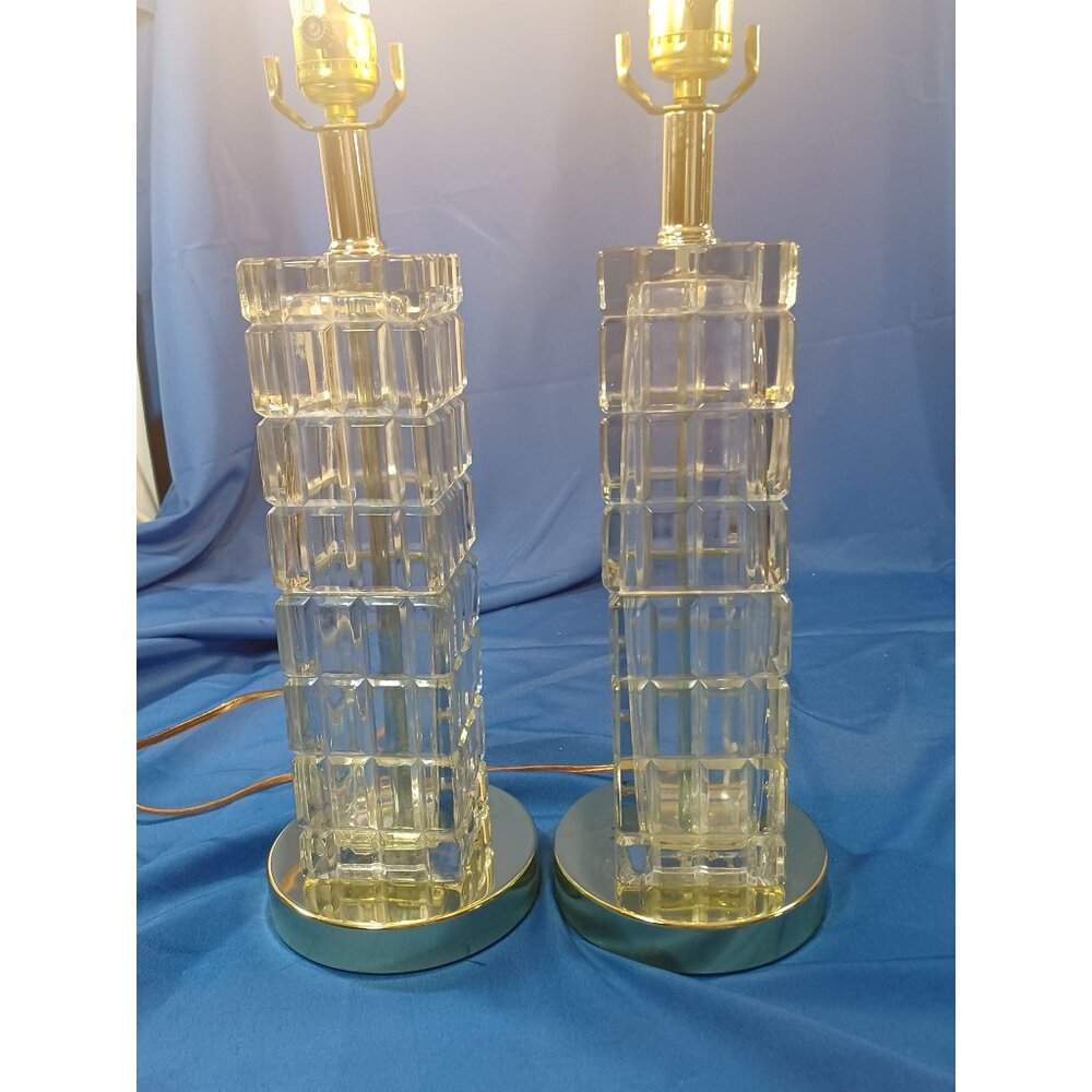 Mid Century Hollywood Regency Crystal & Brass Window Pane Cube Tower Lamps Set - Picture 5 of 13